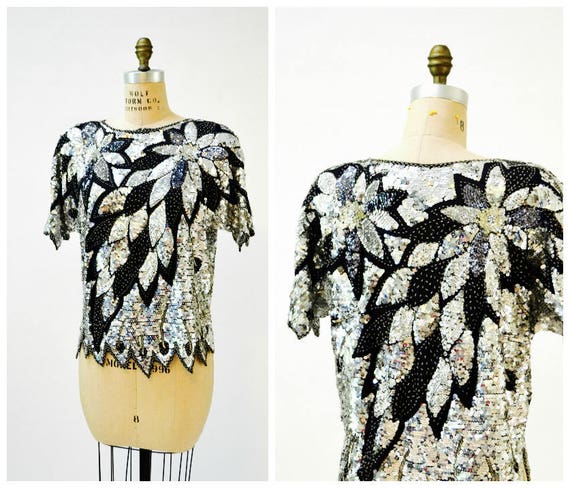 Vintage Silver Sequin Shirt Top Metallic Silver B… - image 1