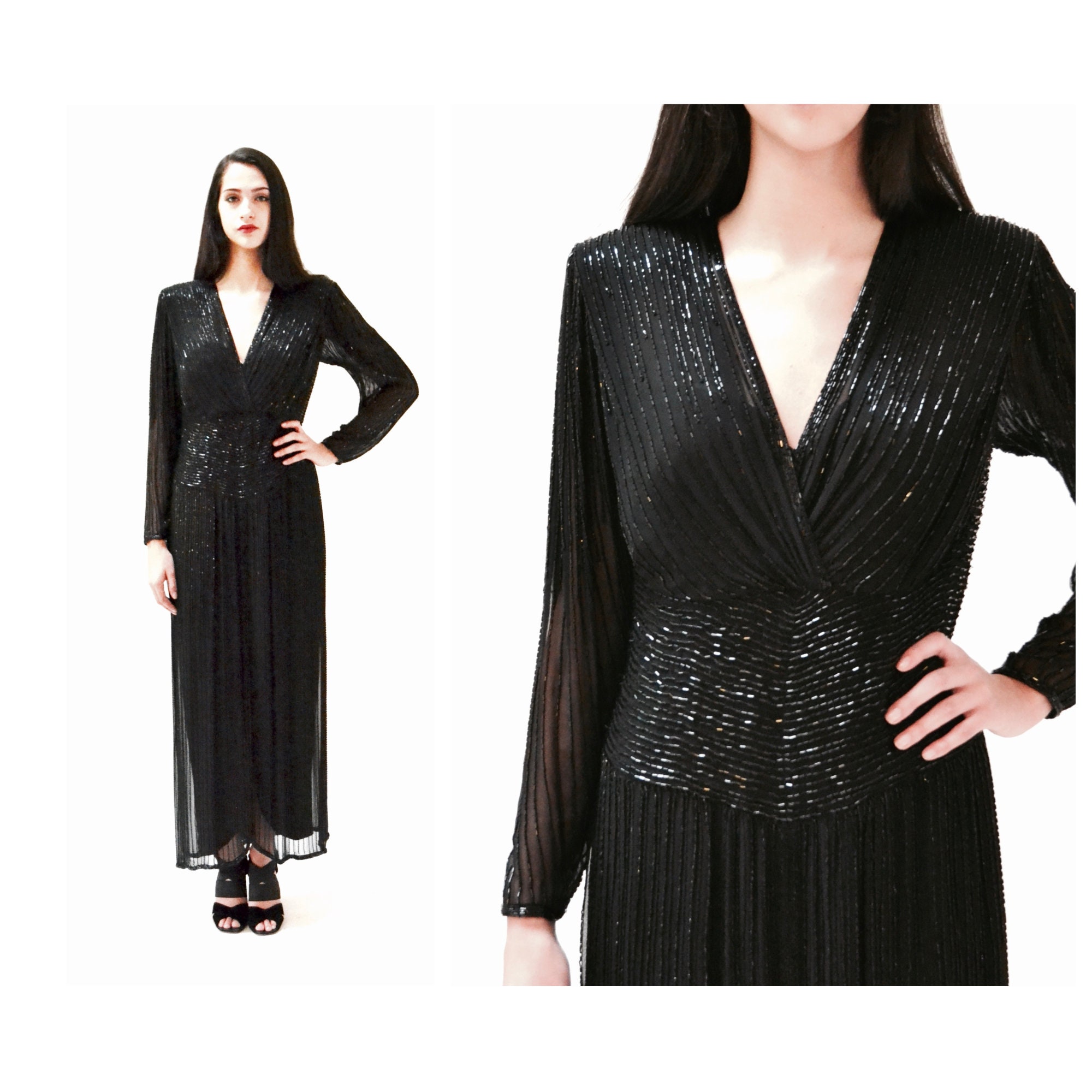 size 10 12 heavily beaded chiffon evening dress 80 beaded black silk cocktail dress