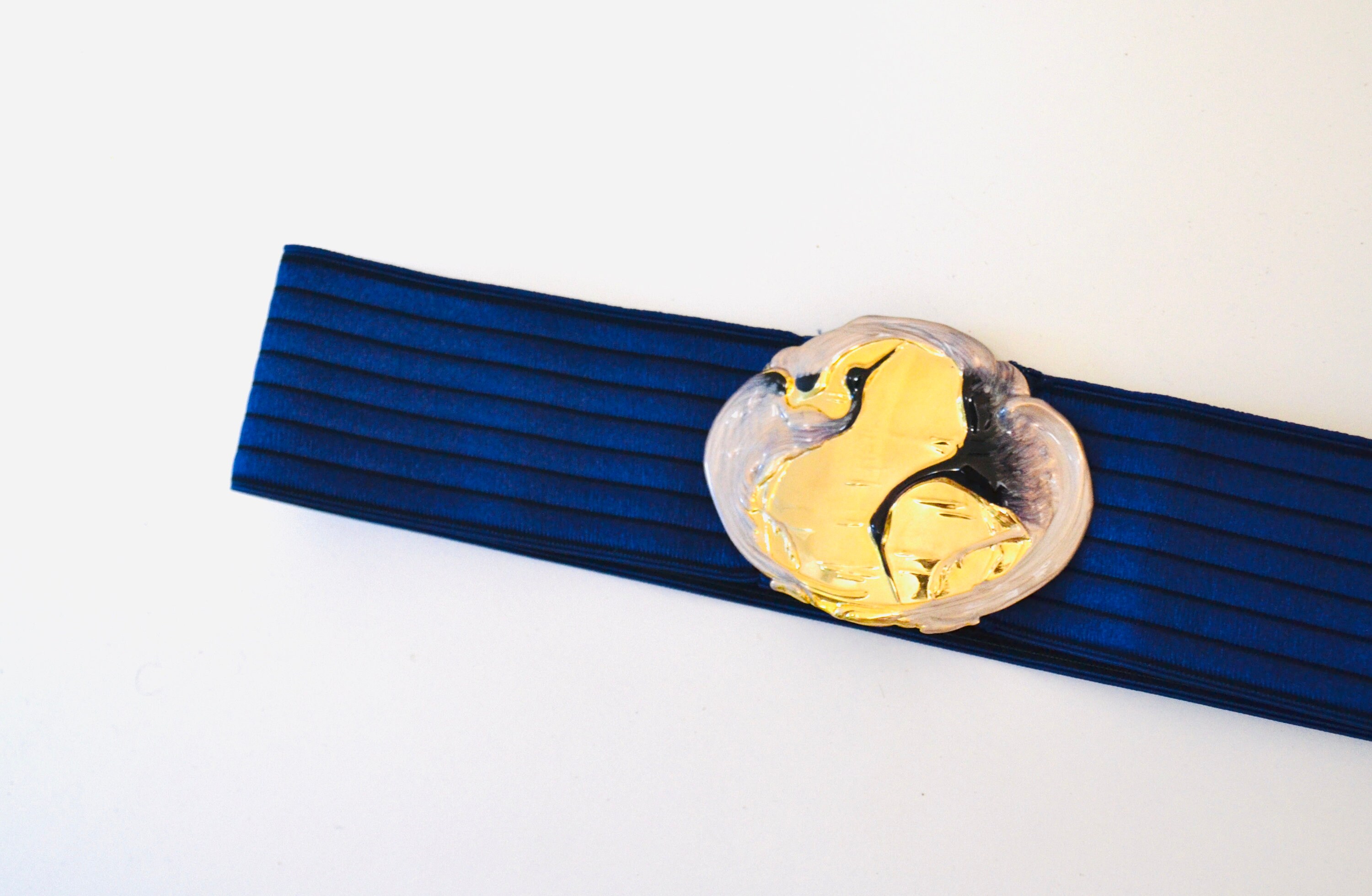 80s 90s Vintage Gold Blue Belt Buckle Blue Crane Bird 