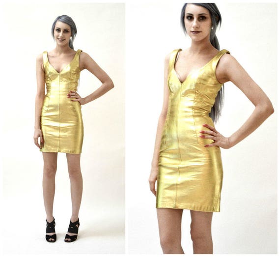 90s Metallic Gold Leather Dress by Michael Hoban … - image 1