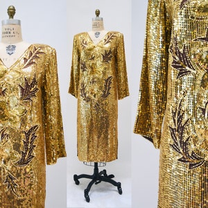 70s 80s Vintage Gold Sequin Dress Vintage Gold Metallic Dress medium large // Sequin Dress Flapper Inspired Cher Dress 80s Glam image 1