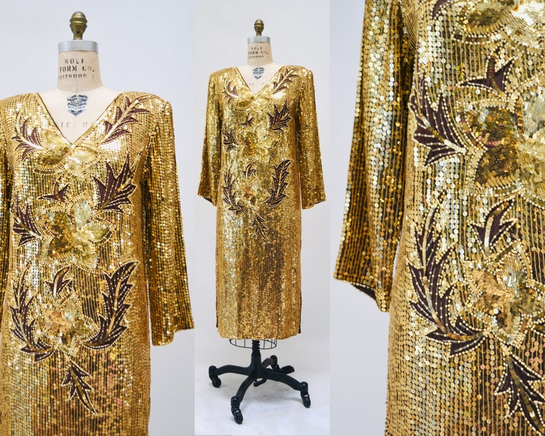 70s 80s Vintage Gold Sequin Dress Vintage Gold Metallic Dress medium large // Sequin Dress Flapper Inspired Cher Dress 80s Glam image 1