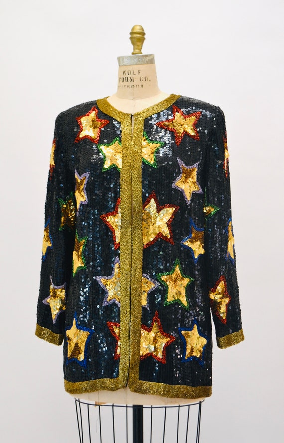 80s 90s Vintage Star Sequin Beaded Jacket Black G… - image 2