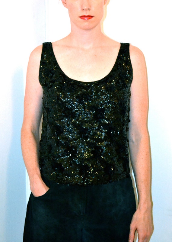 Vintage Black Sequin Top Size Medium// 60s Black … - image 2