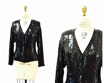 70s Vintage Black Sequin Jacket Medium// Black Silk Sequin Cropped