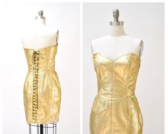 90s Metallic Gold Leather Dress by Michael Hoban North Beach Leather Lace Up Corset Strapless Dress Body con lace up dressSize Small Medium