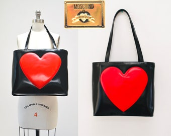 90s Vintage Moschino Bag Tote Black Leather Red Heart Moschino Purse Bag Black Leather 90s Love heart Fran Drescher Nanny Bag