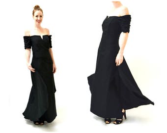 90s vintage Prom Bridesmaid Dress Black Medium Long Off the Shoulders Black Evening Gown