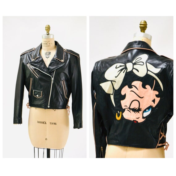 Vintage Black Leather Motorcycle Jacket Betty Boo… - image 2