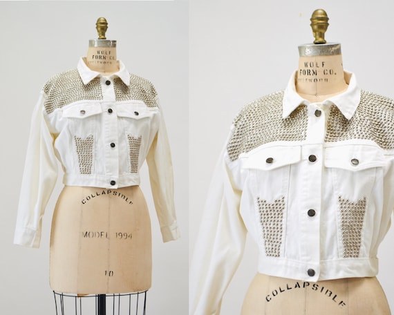 White denim jacket with gold clearance buttons