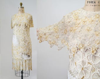 80s 90s Vintage White Beaded Party Dress Dress Small // Vintage Cocktail Wedding Dress White Beaded Flapper White Beaded Party Dress