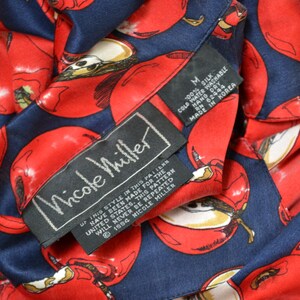 Vintage Nicole Miller Silk Shirt Size Medium Large with Fruit Print Apples Orchard Mens Womens Silk Shirt size Small Medium Red and Blue image 5