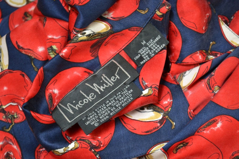 Vintage Nicole Miller Silk Shirt Size Medium Large with Fruit Print Apples Orchard Mens Womens Silk Shirt size Small Medium Red and Blue image 5