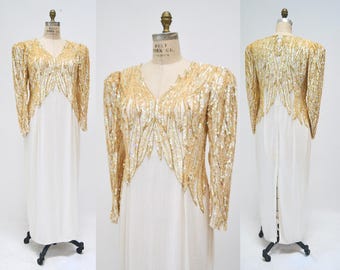 Vintage 80er 90er Jahre weiß, silber Creme Perlen Pailletten Kleid Abendkleid Hochzeit Party Kleid Große weiße Perlen Kleid