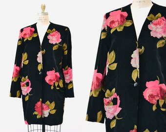 Vintage Floral Print Jacket Blazer Size Medium Large Black Pink Rose Flower Printed Jacket Blazer in Cotton Velour Lightweight Jacket