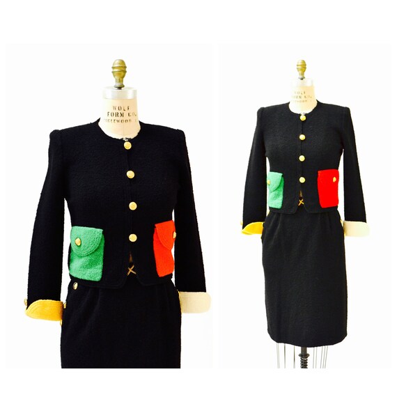 Vintage Adolfo Black Wool Knit Boucle Suit Skirt J