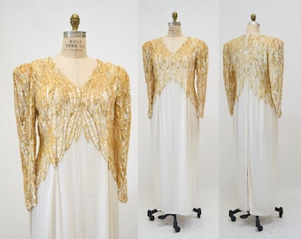 80er 90er Vintage Creme Pailletten Perlen Abendkleid Kleid Medium Festzug Kleid// 80er Jahre Vintage Hochzeitskleid Creme Weiß Perlen Langes Kleid Ärmel Kleid