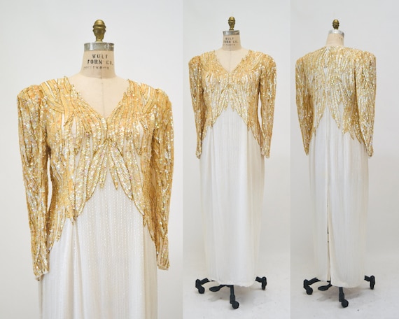 80s 90s Vintage Cream Sequin Beaded Gown Dress Me… - image 1