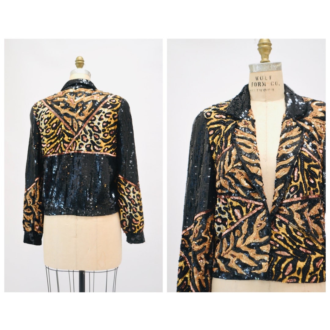 Vintage Sequin Jacket Black With Leopard Cheetah Animal