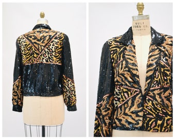 Vintage Sequin Jacket Black with Leopard Cheetah Animal Pattern// 80s 90s Vintage Black Sequin Beaded Jacket Animal The Icing Small Medium