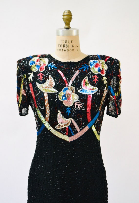 Vintage Black Sequin Beaded Dress Large Flower Be… - image 6