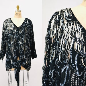80s Glam Sequin Party Top Black Silver Metallic 80s Party Disco Top Vintage Sequin Beaded Fringe Top Medium Oversized 80s Sequin Shirt