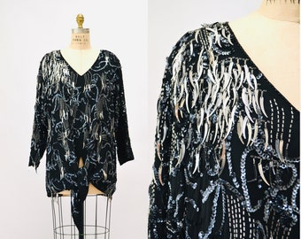 80s Glam Sequin Party Top Black Silver Metallic 80s Party Disco Top Vintage Sequin Beaded Fringe Top Medium Oversized 80s Sequin Shirt