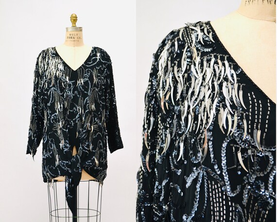 80s Glam Sequin Party Top Black Silver Metallic 8… - image 1