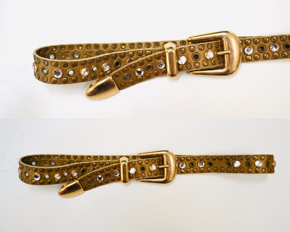 90s 2000s Vintage Gold Rhinestone Belt Brown Leat… - image 1