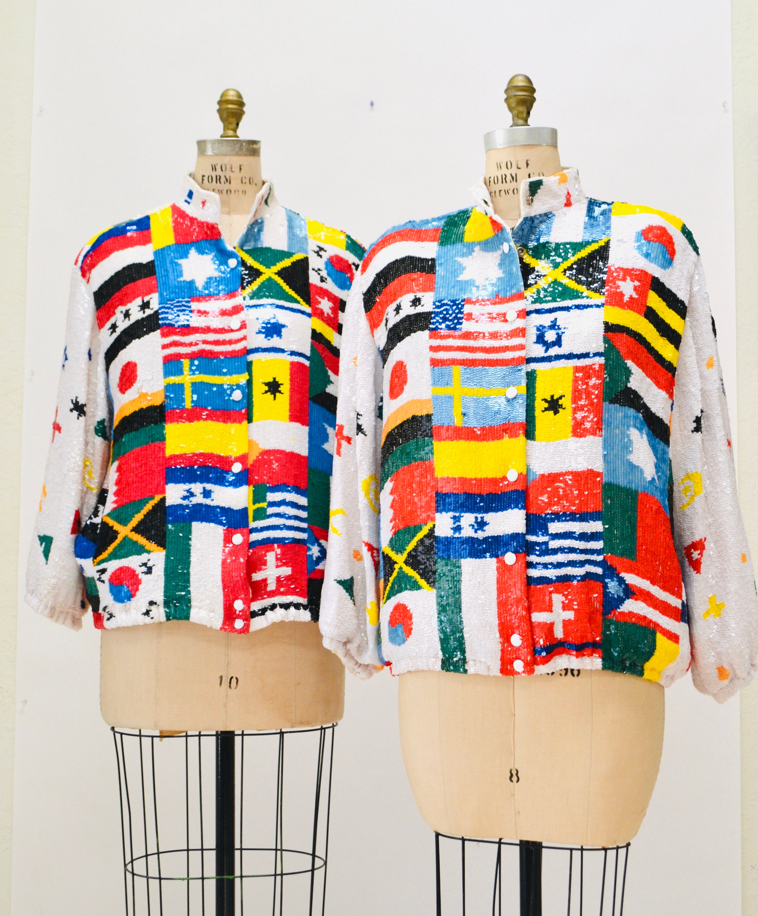 80s 90s Vintage Flag Sequin Jacket USA WORLD Flag Medium by