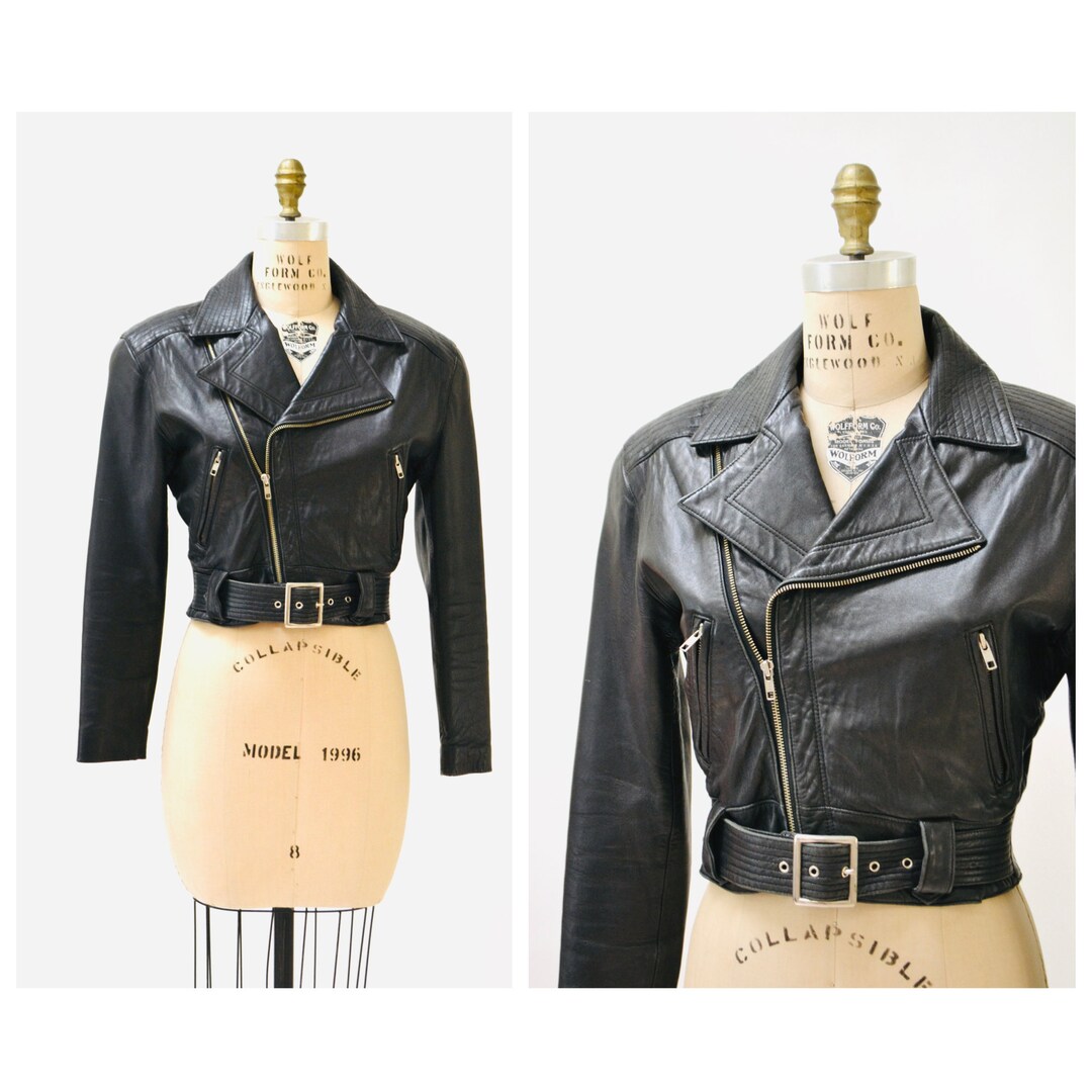 Vintage Black Leather Motorcycle Jacket Women Small Medium