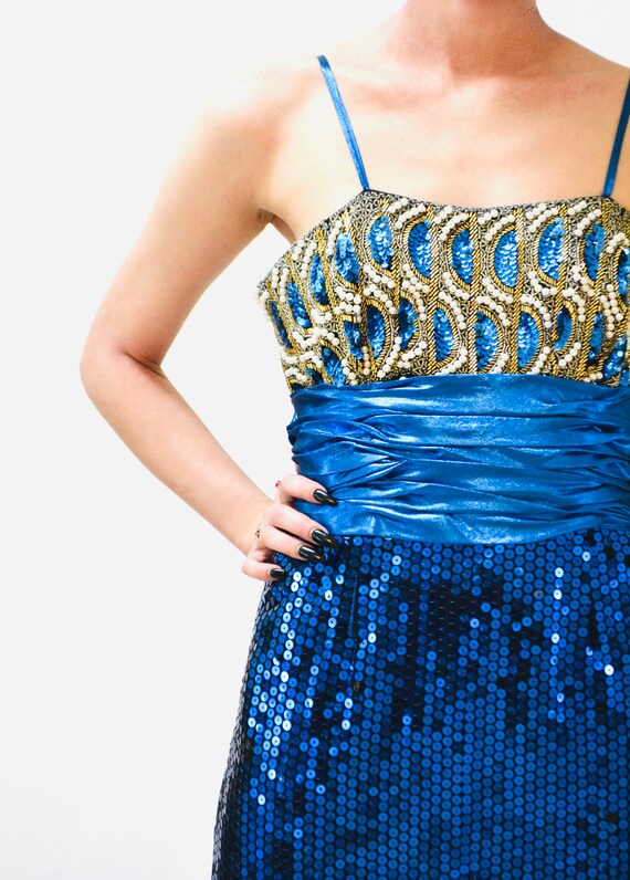 Vintage 80s Prom Dress Blue Sequin Metallic Gown … - image 7