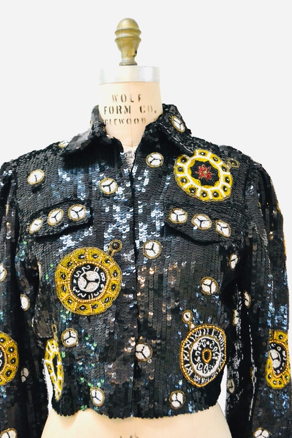 80s 90s Vintage Sequin Jacket Black Gold Metallic… - image 9