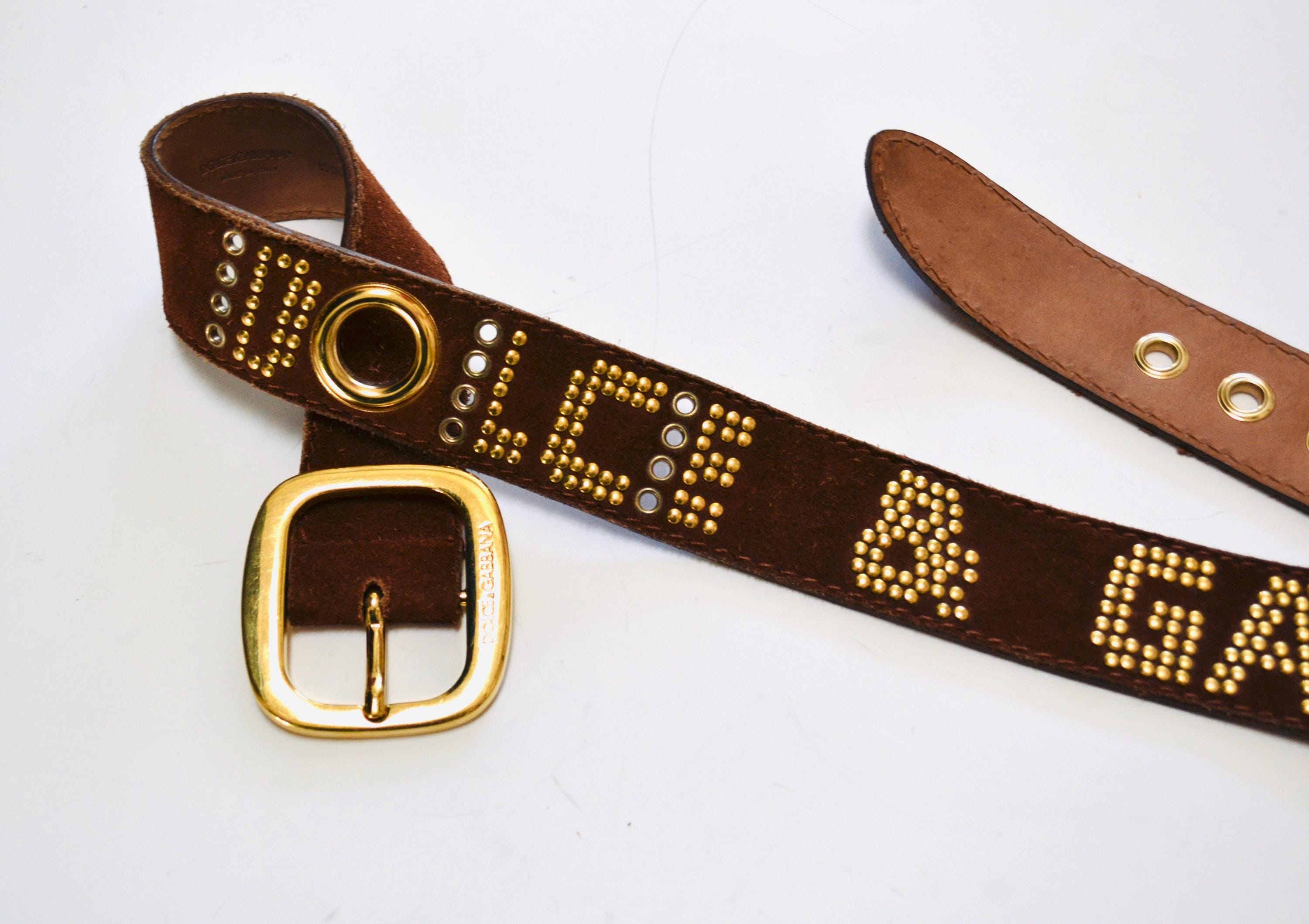 90s 2000s Vintage Dolce & Gabbana Belt Brown Suede Leather Gold