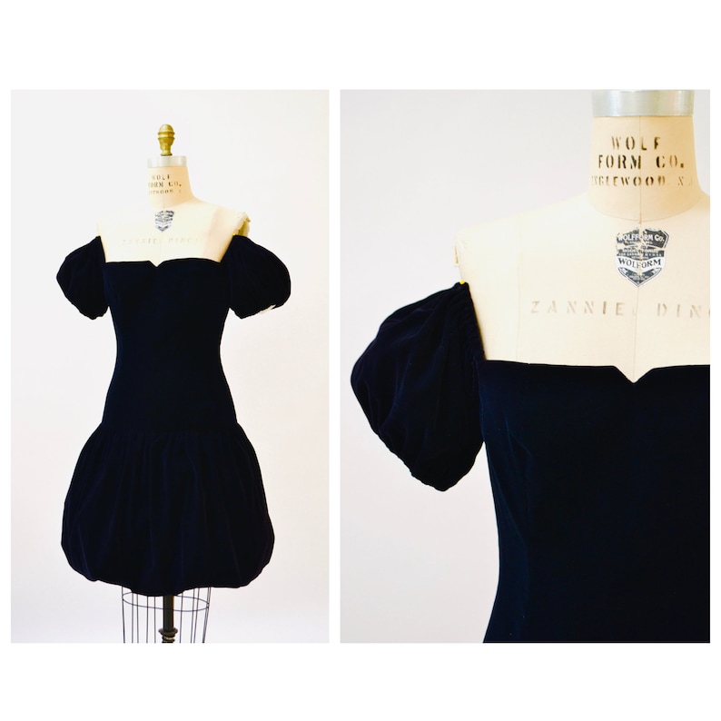 Vintage 80s 90s Prom Dress Size Small Medium Velvet Dark Purple Blue Vintage 80s 90s Velvet Dress Off the Shoulder Poof Sleeve Dress
