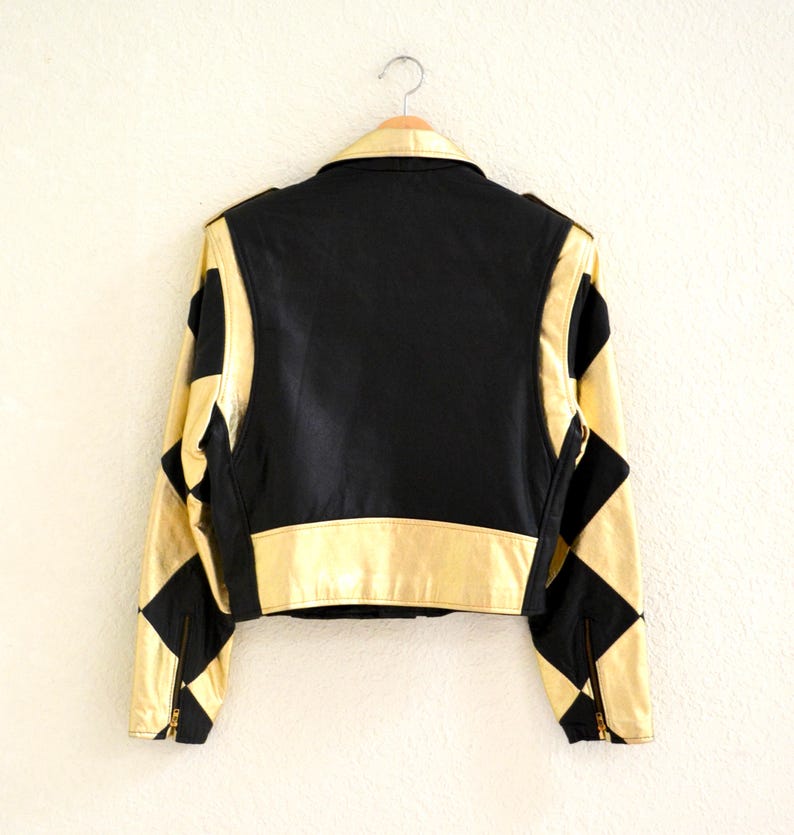Vintage Leather Motorcycle Jacket in Metallic Gold and Black Checker Size Medium by Expose 90s Metallic Black and Gold Leather Jacket