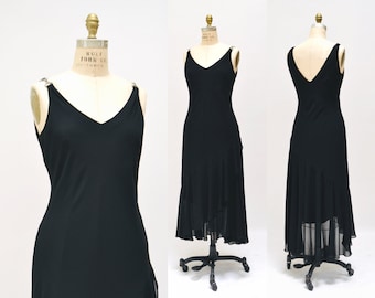 Vintage 00s Y2K Bias Cut Black Dress Black Chiffon Tank Dress Medium Large// 90s Black Tank Slip prom Bias cut Dress Medium Large