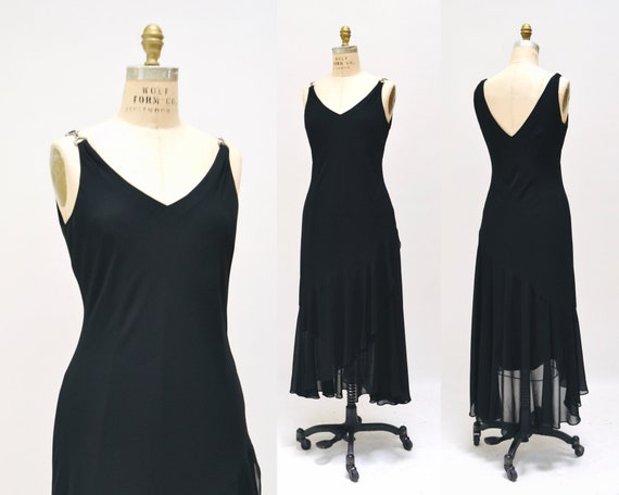 Vintage 00s Y2K Bias Cut Black Dress Black Chiffo… - image 1