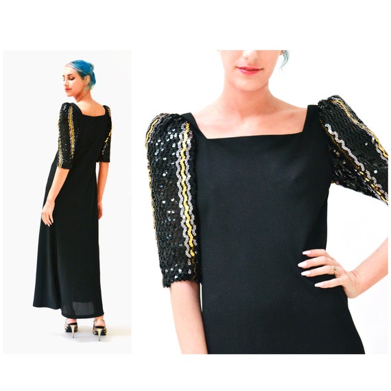 70s 80s Vintage Black Sequin Long Dress by Lillie… - image 2