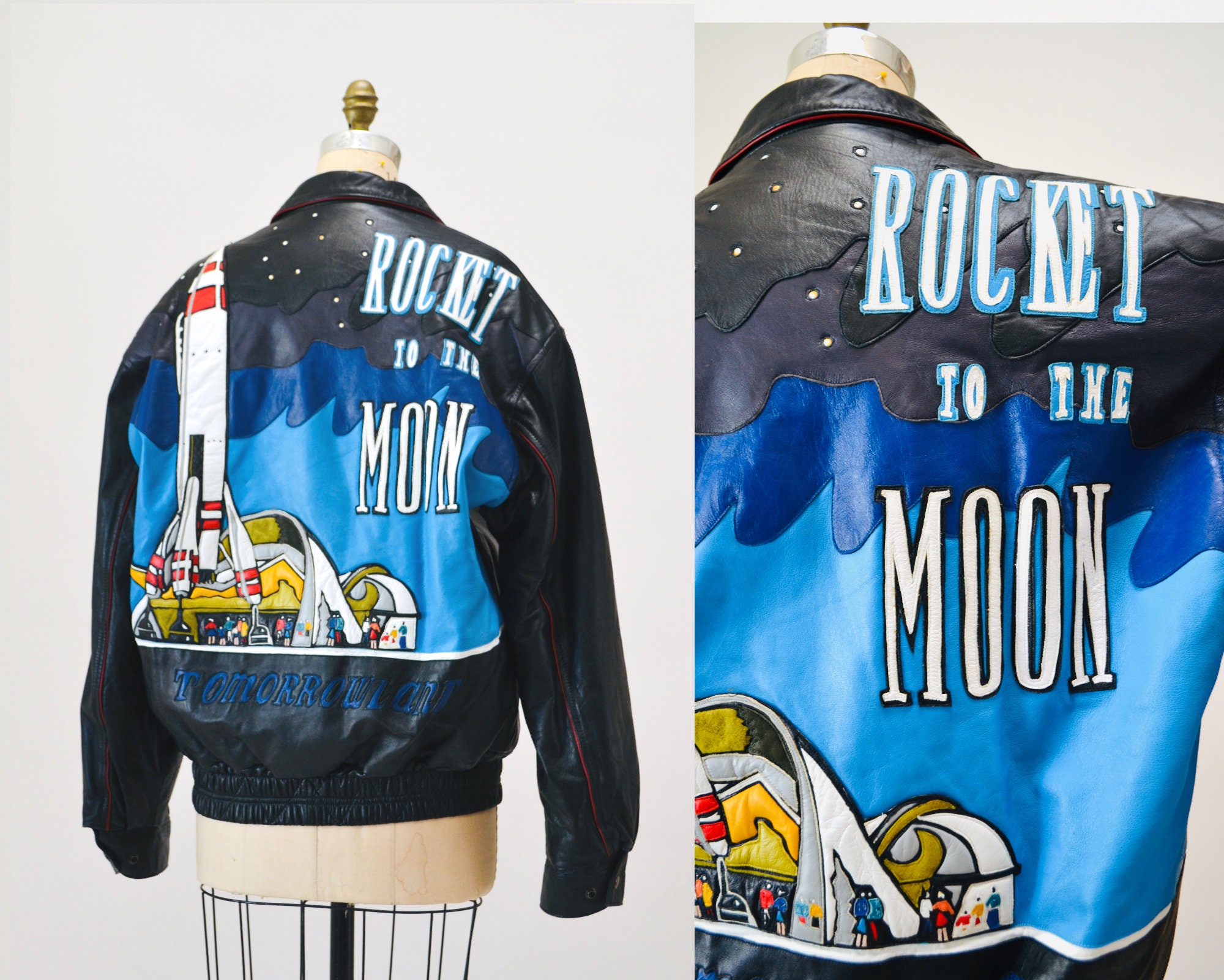 80s 90s Vintage Disney Mens Leather Jacket Tomorrowland Medium