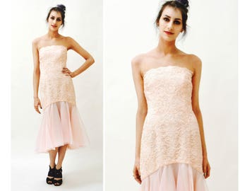 Vintage 80s 90s Vintage Pink Lace Dress Small Medium// 80s Pink Party Prom Dress by AJ Bari Strapless Party Wedding Dress