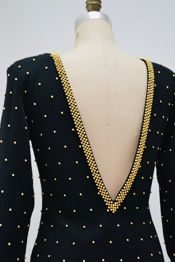 80s 90s Vintage Black Beaded Dress Gold Metallic … - image 7