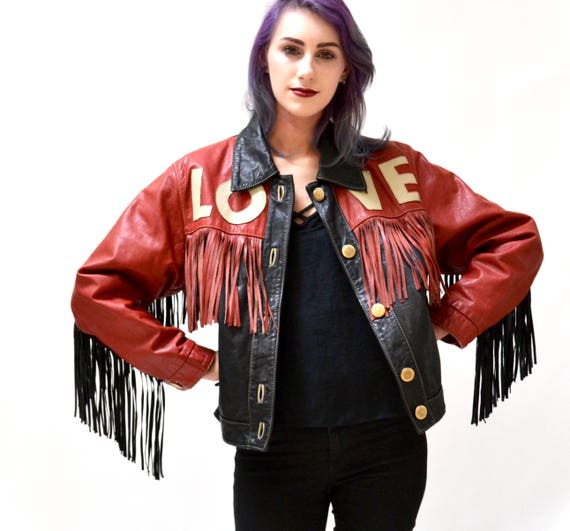 MOSCHINO レザージャケット 90s Vintage Moschino Leather Jacket Love Fringe Heart Red