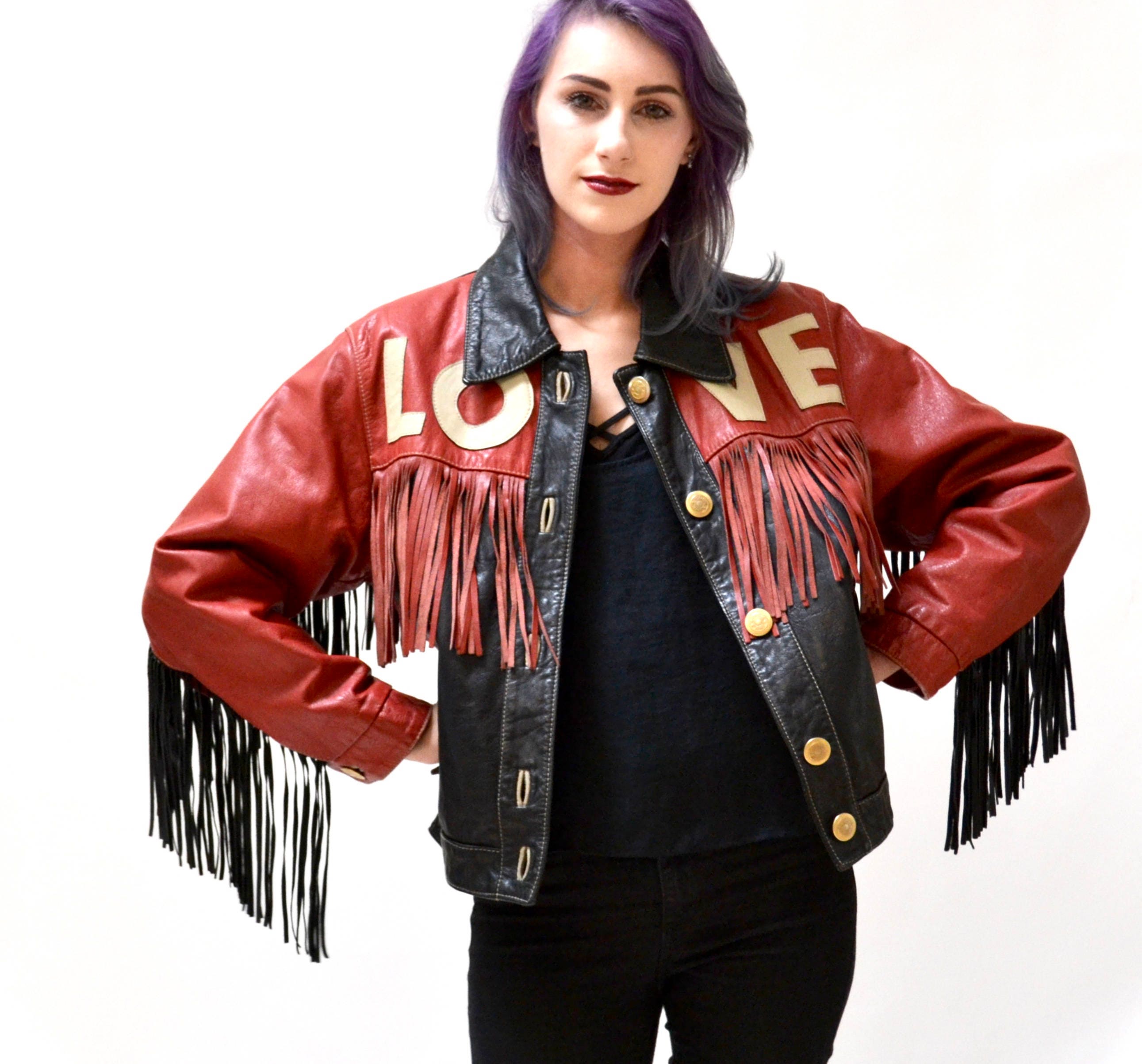 90s Vintage Moschino Leather Jacket Love Fringe Heart Red