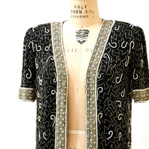 Vintage Black Beaded Shirt Jacket Top Size Large Silver Metallic Art Deco Jacket// 80s Trophy Sequin Jacket Shirt Large Laurence Kazar image 9