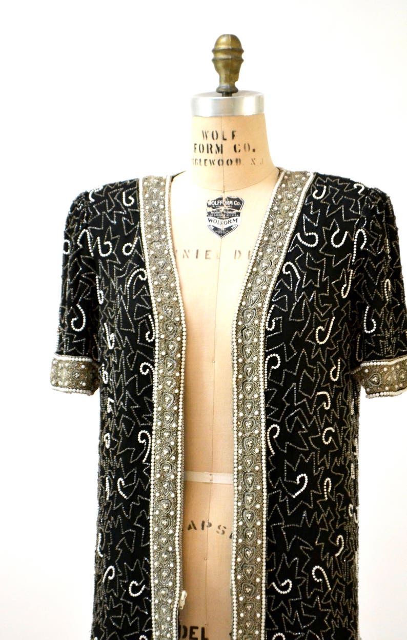 Vintage Black Beaded Shirt Jacket Top Size Large Silver Metallic Art Deco Jacket// 80s Trophy Sequin Jacket Shirt Large Laurence Kazar image 9