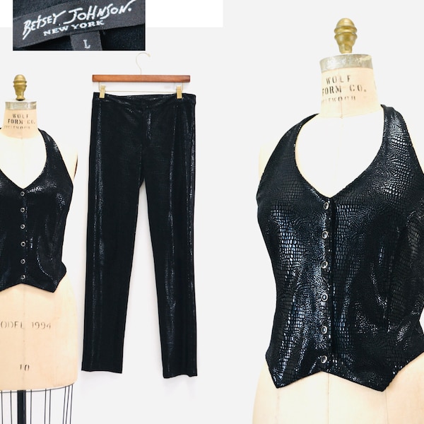 90s 2000s y2k Vintage Club Wear Halter top Pants Black Velvet Halter Top Velvet Pants By Betsy Johnson Medium 2000s Velvet Party Pants Top