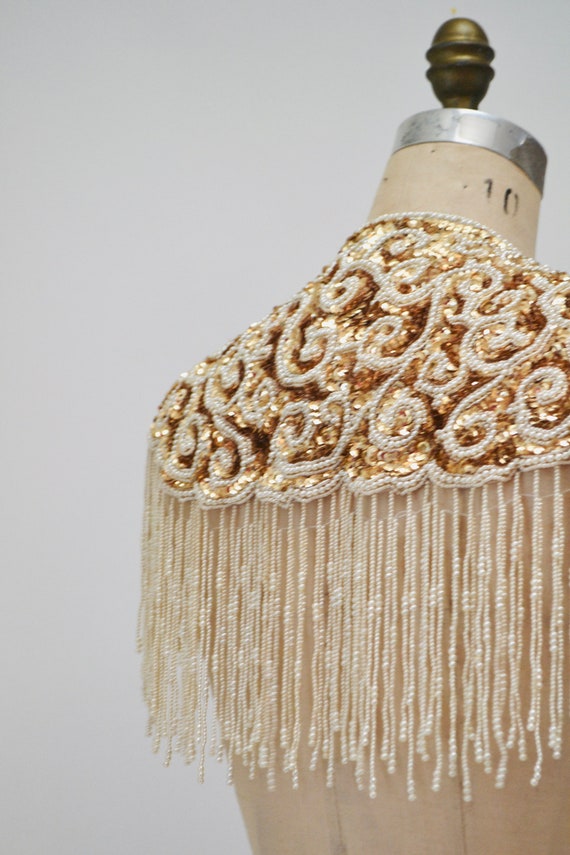 Vintage Gold Pearl White Cream Beaded Sequin Shaw… - image 3