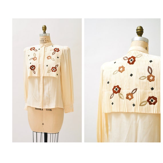 80s 90s Vintage Silk Peasant Blouse Silk Shirt Cr… - image 4