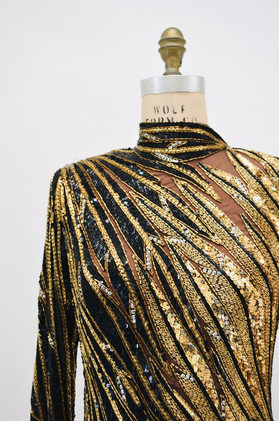 80s 90s Vintage Black Gold Beaded Sequin Gown Dre… - image 3